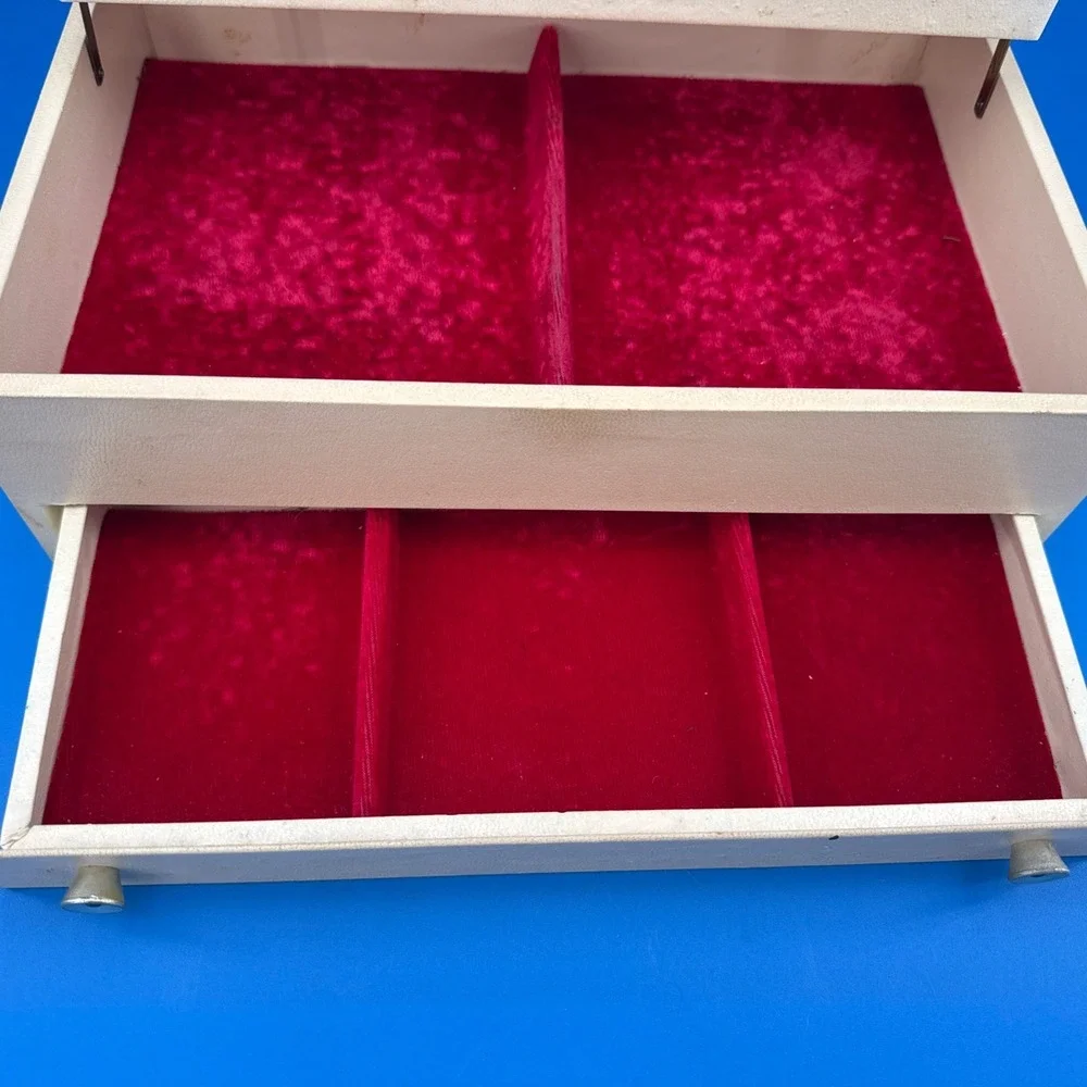 Vintage Jewelry Box Two Tier Cream with Red Velvet Lining
